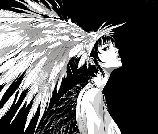 Medium-Full Shot, black background, A woman with an archaeopteryx bob cut, Japan, Asian, Yoshiharu Tsuge Style, high detail black and white ink,comic strip with dramatic. art by mierAI --style raw --stylize 250 --ar 74:63