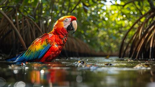 Medium shot of a vibrant parrot, its feathers a kaleidoscope of colors, whimsically swimming on its back through the serene waters of a mangrove. This surreal scene blends the natural beauty of the mangrove's dense foliage and twisted roots with the unexpected sight of the parrot enjoying a leisurely backstroke. The water mirrors the sky above, dappled with sunlight filtering through the canopy, casting a soft, luminous glow on the parrot's bright plumage. The mangrove is alive with insects buzzing and animals peeking from their habitats, drawn to the spectacle yet living in harmony with this unusual swimmer. This image captures a moment of pure joy and freedom, showcasing the mangrove as a place of endless wonder and the parrot as a symbol of nature's playful spirit. The technical basis for this image involves sophisticated CGI to render the fluid dynamics of water and the detailed texture of the parrot's feathers, with a focus on achieving a photorealistic portrayal of this whimsical scenario. Lighting enhances the vivid colors of the parrot and the lush greenery of the mangrove, creating a vibrant, dynamic atmosphere. The style is a blend of magical realism and nature documentary, offering a glimpse into a world where the boundaries between the wild and the whimsical blur, inviting viewers to suspend disbelief and immerse themselves in the beauty of the natural world --ar 16:9 --v 6.0 --stylize 250