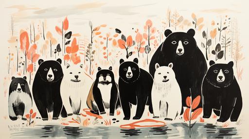 Meeting of the polar bear club in Alaska for swimming, humerous fun anthropomorphism Ink on paper in the style of Henri Matisse --ar 16:9 --s 700