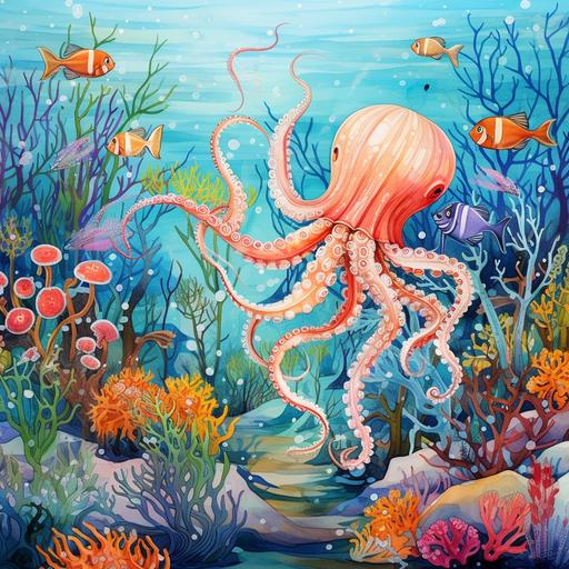 Melissa Launay, illustration, large octopus, aquarium, bright colors, oceanarium, shrimp, fish, a lot of fish, algae, starfish, coral fish, watercolor, many small details, wimmelbook, blue, turquoise background