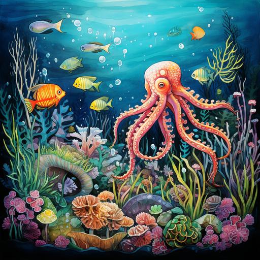 Melissa Launay, illustration, large octopus, aquarium, bright colors, oceanarium, shrimp, fish, a lot of fish, algae, starfish, coral fish, watercolor, many small details, wimmelbook, blue, turquoise background