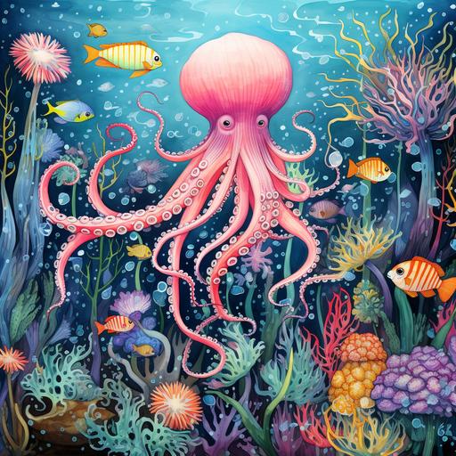 Melissa Launay, illustration, large octopus, aquarium, bright colors, oceanarium, shrimp, fish, a lot of fish, algae, starfish, coral fish, watercolor, many small details, wimmelbook, blue, turquoise background