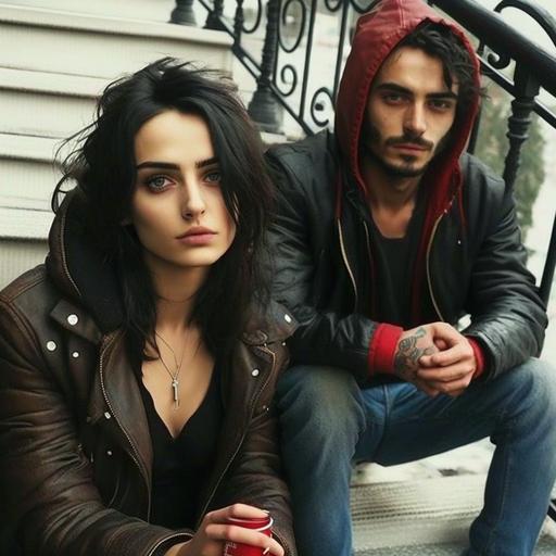 Men and Girl sitting on stairs smoking ciggarates. Girl with wavy black hairs, dark eyes.She has fine angular face with sharp nose ,sharp eyebrows, long and defined eyelashes (similar murnal thakur).she is wearing leather jacket. with men with beard, small eyes, in red hoodie. Men has black medium hairs shaggy mane cut (zayn malik).