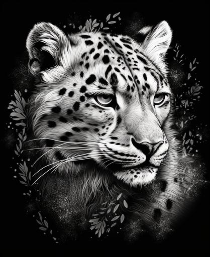 /art print of a superb pretty cute Snow leopard embroidered on black and white, for coloring book, worlds distopics, all white textures, in the style of made of fire, intricate forest, uhd image, digital art p techniques, brush painting white, monumental water color paintings, emphasis on character design,8k, layered compositions, intensify white tones, low details --ar 9:11 --s 250 --q 2 --v 5