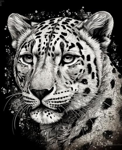 /art print of a superb pretty cute Snow leopard embroidered on black and white, for coloring book, worlds distopics, all white textures, in the style of made of fire, intricate forest, uhd image, digital art p techniques, brush painting white, monumental water color paintings, emphasis on character design,8k, layered compositions, intensify white tones, low details --ar 9:11 --s 250 --q 2 --v 5