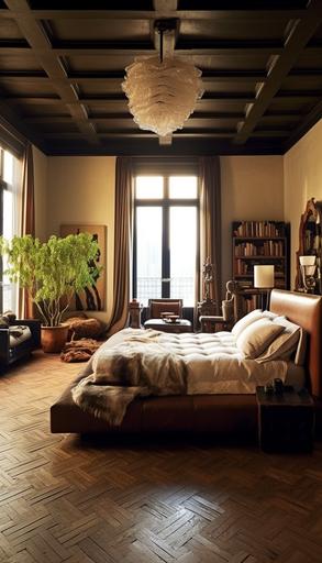 Mens designer manhattan penthouse master bedroom designed by jenna lyons, brown, tiled floor, interior shot, gorgeous photo --ar 4:7 --v 5.1 --style raw --s 750 --s 750