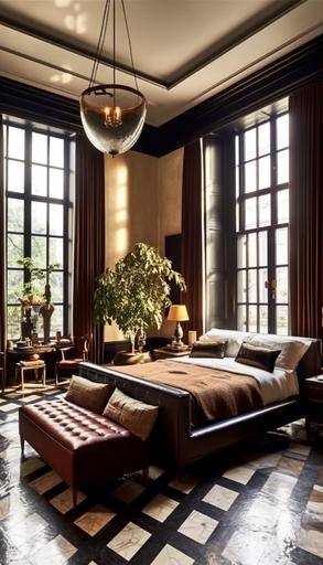 Mens designer master bedroom in a manhattan mansion designed by jenna lyons, brown, tiled floor, interior shot, gorgeous photo --ar 4:7 --v 5.1 --style raw --s 750 --s 750