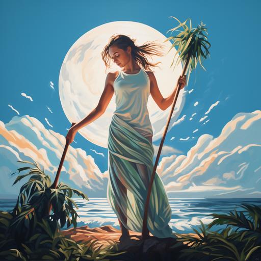 white woman cleaning, palm tree