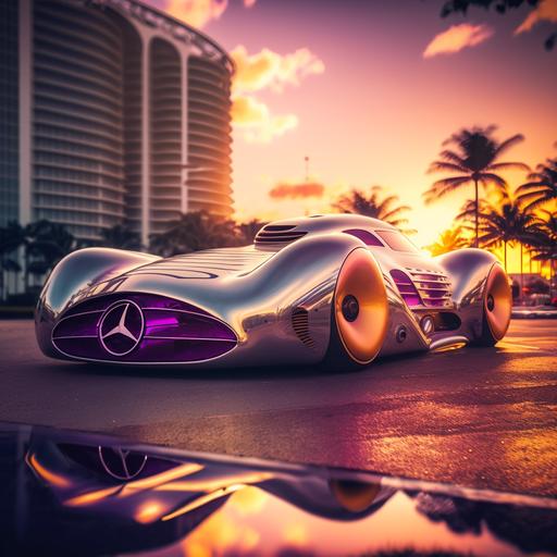 Mercedes 2051 release concept car, 8k, photograph, anit-ailiasing, 125mm lens, blurred background, miami sunsent background