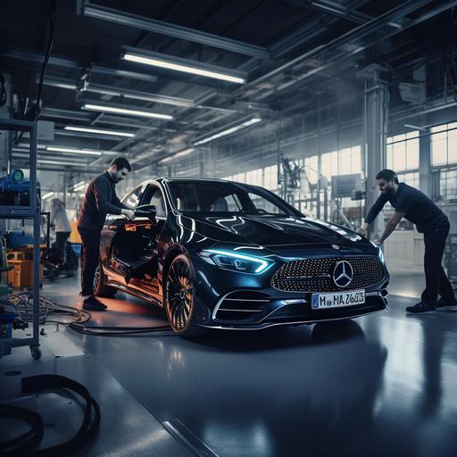 Mercedes-benz EQE is on the center. Ther are 4 four techinician with black work uniform mercedes logo on them are working around this car. Car is charging and taken care of. In the background there is a futuristic car repair shop. Car's plate there is writing says: 