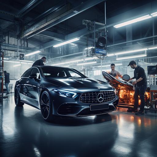 Mercedes-benz EQE is on the center. Ther are 4 four techinician with black work uniform mercedes logo on them are working around this car. Car is charging and taken care of. In the background there is a futuristic car repair shop. Car's plate there is writing says: 