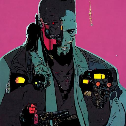 Cyberpunk 2077, mercenary, flat colors, anime colors, by Mike mignola