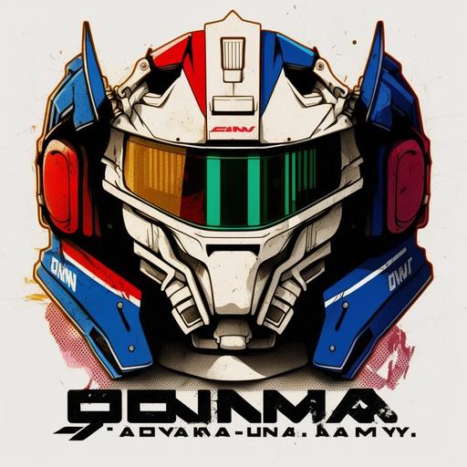 gundam style mask logo, white mask with daytona blue and red accents. Incorporate the name Danny Merkury in it.