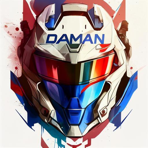 gundam style mask logo, white mask with daytona blue and red accents. Incorporate the name Danny Merkury in it.