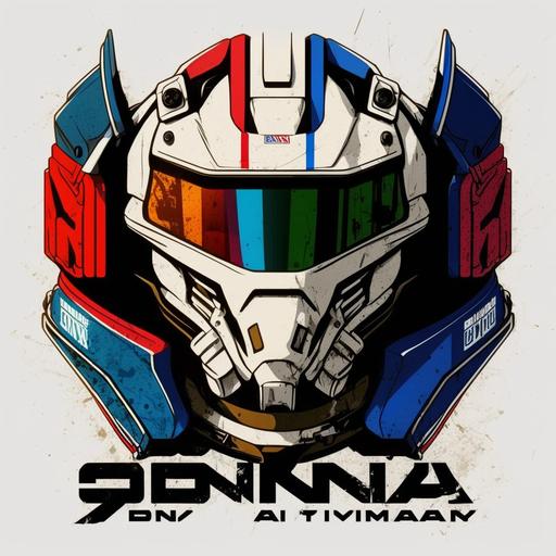 gundam style mask logo, white mask with daytona blue and red accents. Incorporate the name Danny Merkury in it.