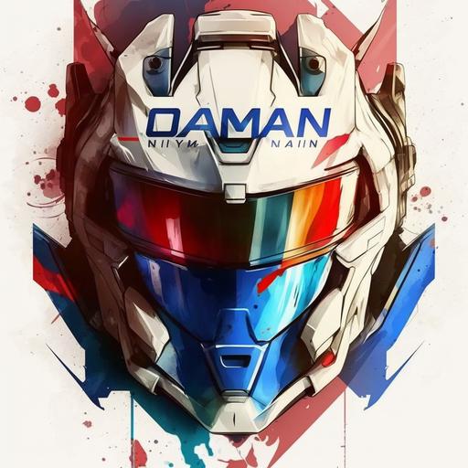 gundam style mask logo, white mask with daytona blue and red accents. Incorporate the name Danny Merkury in it.