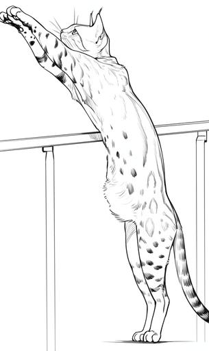 Mesmerizing minimalist single line sketch of a graceful female bengal cat with spotted coat, long and muscular body. The cat's legs are long and slender, supporting its upright posture as it reaches up with its front paws. The cat's pose is dynamic and poised, as it stands on its hind legs, front paws stretched upward. This pose emphasizes the cat's grace and balance, showcasing the elegant power and the vivacious spirit. She rests her front paws on the balcony railing and, stretching her neck, looks out with curiosity. Alertness, curiosity, and natural elegance. Exaggerated features, in the style of Saul Steinberg, bold outlines --ar 3:5 --s 250 --niji 6 --style raw