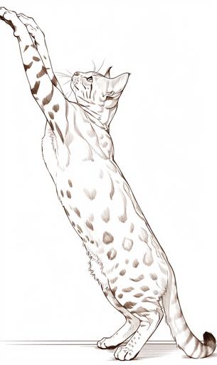 Mesmerizing minimalist single line sketch of a graceful female bengal cat with spotted coat, long and muscular body. The cat's legs are long and slender, supporting its upright posture as it reaches up with its front paws. The cat's pose is dynamic and poised, as it stands on its hind legs, front paws stretched upward. This pose emphasizes the cat's grace and balance, showcasing the elegant power and the vivacious spirit. She rests her front paws on the balcony railing and, stretching her neck, looks out with curiosity. Alertness, curiosity, and natural elegance. Exaggerated features, in the style of Saul Steinberg, bold outlines --ar 3:5 --s 750 --niji 6 --style raw