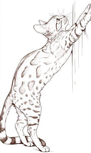 Mesmerizing minimalist single line sketch of a graceful female bengal cat with spotted coat, long and muscular body. The cat's legs are long and slender, supporting its upright posture as it reaches up with its front paws. The cat's pose is dynamic and poised, as it stands on its hind legs, front paws stretched upward. This pose emphasizes the cat's grace and balance, showcasing the elegant power and the vivacious spirit. She rests her front paws on the balcony railing and, stretching her neck, looks out with curiosity. Alertness, curiosity, and natural elegance. Exaggerated features, in the style of Saul Steinberg, bold outlines --ar 3:5 --s 250 --niji 6 --style raw