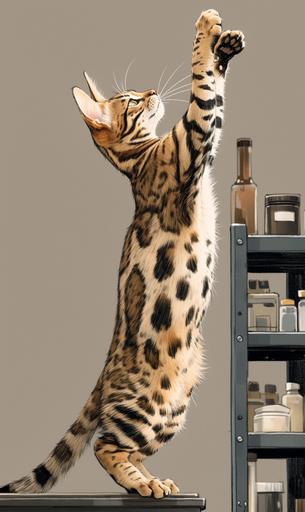 Mesmerizing minimalist single line sketch of a graceful female bengal cat with spotted coat, long and muscular body. The cat's legs are long and slender, supporting its upright posture as it reaches up with its front paws. The cat's pose is dynamic and poised, as it stands on its hind legs, front paws stretched upward. This pose emphasizes the cat's grace and balance, showcasing the elegant power and the vivacious spirit. She rests her front paws on the balcony railing and, stretching her neck, looks out with curiosity. Alertness, curiosity, and natural elegance. Exaggerated features, in the style of Saul Steinberg, bold outlines --ar 3:5 --s 750 --niji 6 --style raw