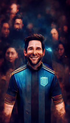 Messi, smiling, wearing Argentina vilot kit 2022, dark blue and black background, Symmetric, octane render, life movie scene, high detailed, cinematic compostion, artstation trending --ar 9:16