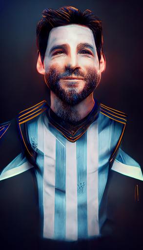 Messi, smiling, wearing Argentina vilot kit 2022, dark blue and black background, Symmetric, octane render, life movie scene, high detailed, cinematic compostion, artstation trending --ar 9:16