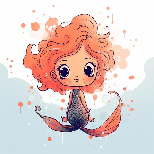 Messy art line sketch of a super cute modern baby mermaid, cartoon illustration style. characterized by highly simplified shapes, exaggerated features, neutral colors, and expressive lines, abstract and minimalist, heavy texture