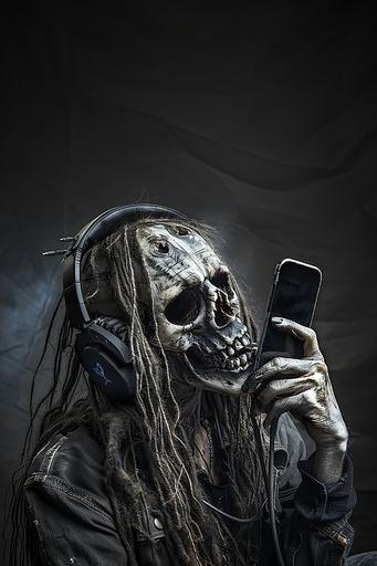 Metal- music fan apperance male, holing iphon, wearing headphons, smilling, have long women fingernales, very feminung and male, skull, wierd, uniqe, realistic photography, liquid deat style --ar 2:3