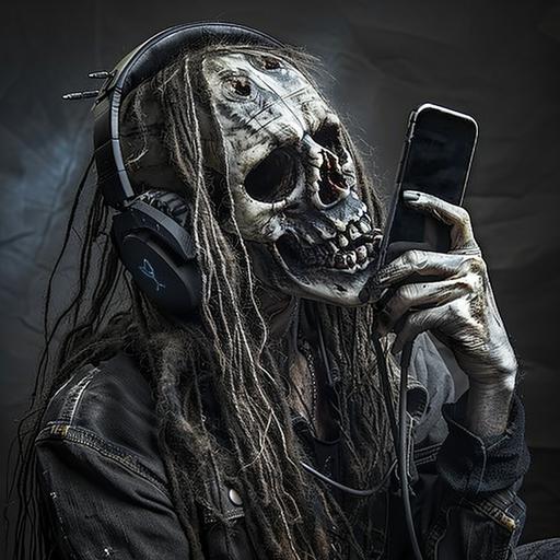 Metal- music fan apperance male, holing iphon, wearing headphons, smilling, have long women fingernales, very feminung and male, skull, wierd, uniqe, realistic photography, liquid deat style