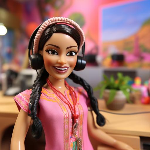 Mexican Barbie doll smiling, working in a call center environment with headsets and traditional Mexican pink cloth.