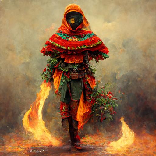 Mexican hot pepper warrior around fire, fantasy, epic, animated fantasy portrait