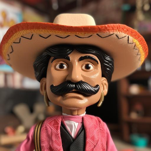 Mexican male doll, wearing a Mexican hat, big mustache, realistic