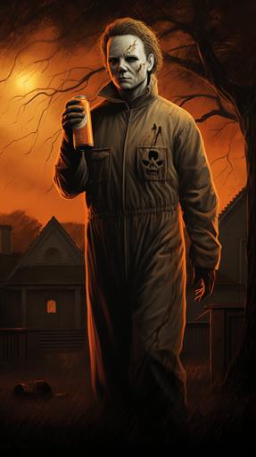 Michael Myers with a haircut, men's fade, Michael Myers, horror movie, neighborhood background, orange lighting street lights, Michael Myers holding a 40oz of beer, Michael Myers wearing custom Nikes, --ar 9:16