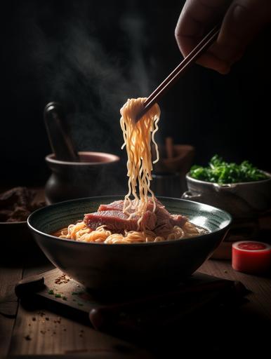 Michelin restaurant style, real restaurant theme, studio lighting, professional photography, japanese wagyu ramen, has a logo ujin on the bowl, garnish on the table, close - up view, top - down view,, 8k, ultra detail, hyper quality, --ar 3:4 --v 5