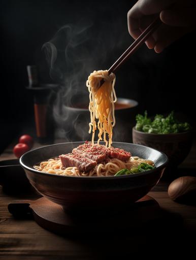 Michelin restaurant style, real restaurant theme, studio lighting, professional photography, japanese wagyu ramen, has a logo ujin on the bowl, garnish on the table, close - up view, top - down view,, 8k, ultra detail, hyper quality, --ar 3:4 --v 5