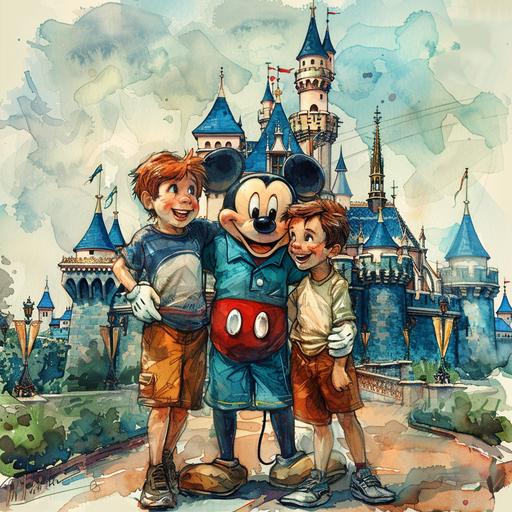 Mickey Mouse Disneyland putting his arms around two young red headed boys for a picture with Disneyland castle in the background, in children’s book water color animation style