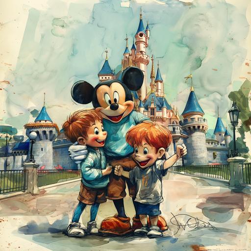Mickey Mouse Disneyland putting his arms around two young red headed boys for a picture with Disneyland castle in the background, in children’s book water color animation style --v 6.0