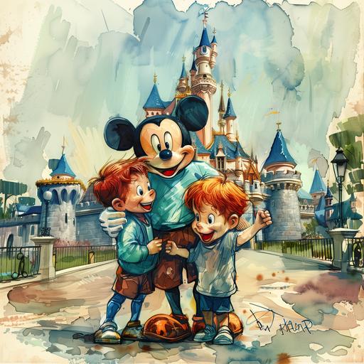 Mickey Mouse Disneyland putting his arms around two young red headed boys for a picture with Disneyland castle in the background, in children’s book water color animation style --v 6.0