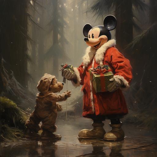 Mickey Mouse handing an Ewok a large christmas present.