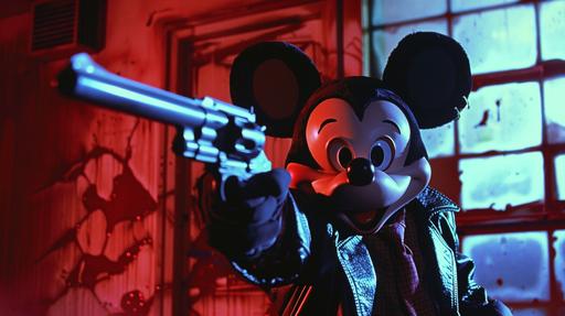 Mickey Mouse retrofuturistic film noir in oliver stone's natural born killers 1994 in remastered colour film. live action dvd screen grab --ar 16:9