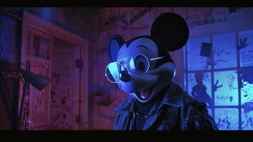 Mickey Mouse retrofuturistic film noir in oliver stone's natural born killers 1994 in remastered colour film. live action dvd screen grab --ar 16:9