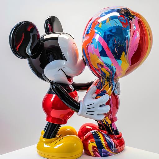 Mickey and Mini Mous sharing a cuddly cheek kiss hot vs cold jeff koon petermax tron balloons by rene margaritte --v 6.0 --style raw