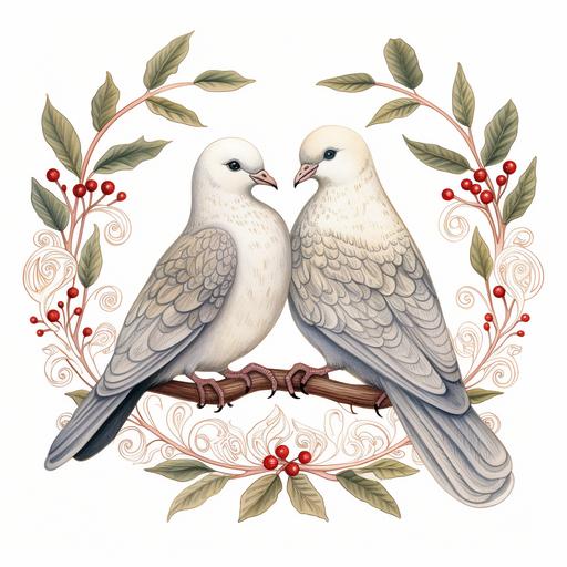 two turtle doves, in the style of 1924 illustration, on a white background --s 50