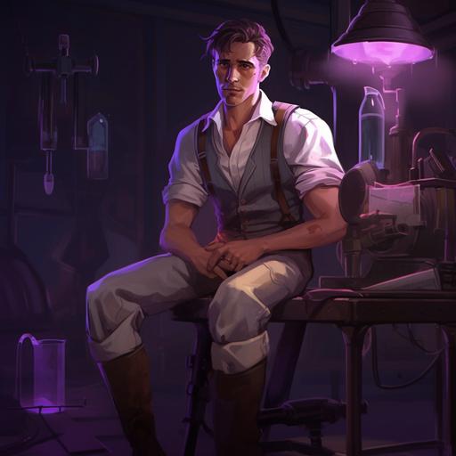 Mid-20s man with short stubble, brown hair, green eyes, and a gaunt face. He looks similar to Viktor from Arcane. He looks frail and exhausted, unhealthily skinny, and emaciated. Full mechanical leg-brace. He's wearing a classy vest and sitting in a Victorian laboratory with a background of purple volumetric lighting. League of Legends art style