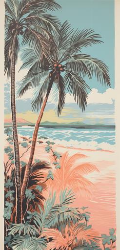 Mid century lithograph, coastal paradise, miami, palm trees, pastel color palette, tropical, vintage matchbook lithograph, vintage woodcut illustration, screenprint risograph --ar 11:23 --chaos 20