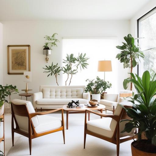Mid-century modern living room, white sofa, two arm chairs, plenty of plants, room is is light tone, vogue photography, fine details --v 5