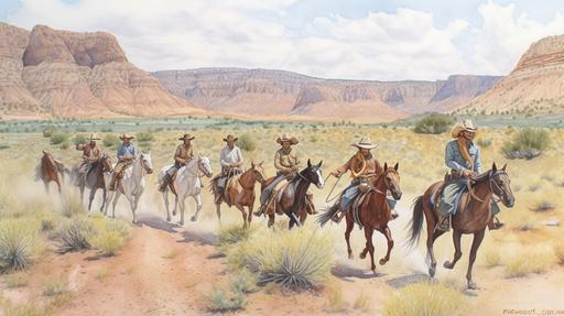 Mid-shot, a group of cowboys on horseback, in the Wild West, in a desert landscape, with a herd of cattle in the background, western style, watercolored pencil, photorealistic --ar 16:9 --v 5