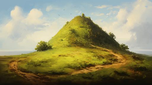 Middle Ages, view of the Silica Hill, a large mound built on it, an oak tree growing on the mound, Slavs, mysticism, film scene, painting style, brush movement, --ar 16:9