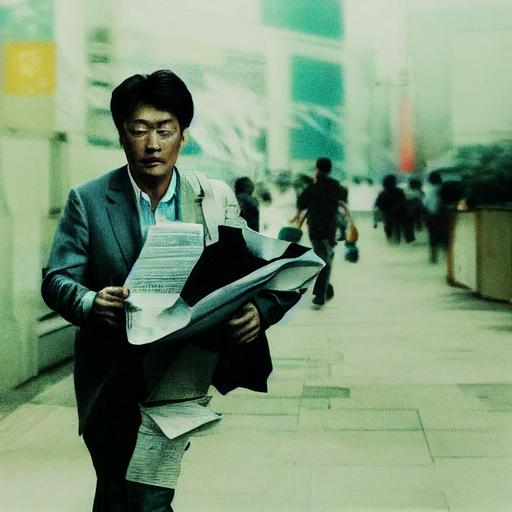 Middle-aged engineer running with a bundle of papers during the day in crowded Korean city --test --creative