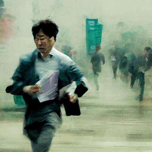 Middle-aged engineer running with a bundle of papers during the day in crowded Korean city